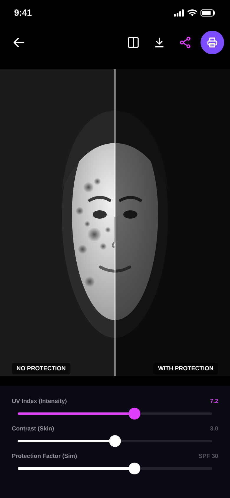 Split view of a face: sun damage without protection on one side, protected skin on the other, with UV and SPF sliders