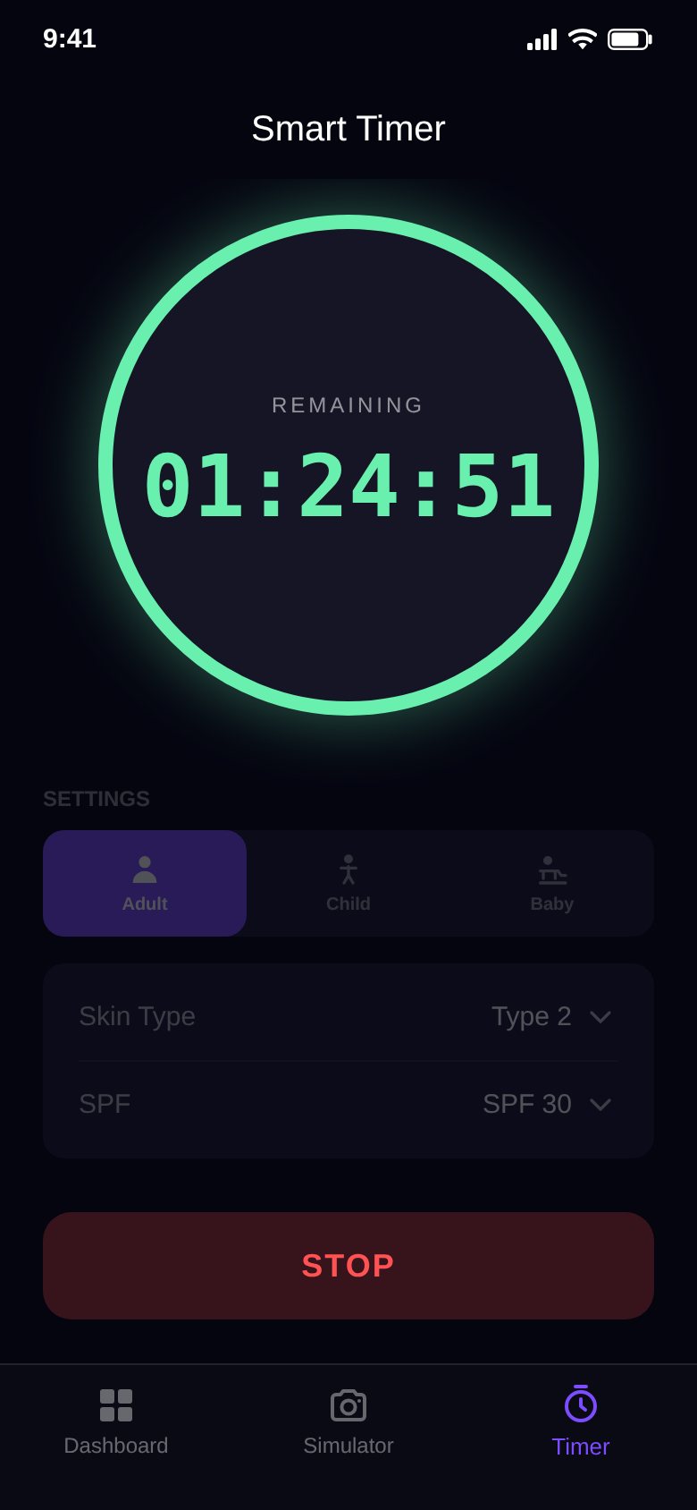 Running countdown with one hour and 24 minutes left and a stop button